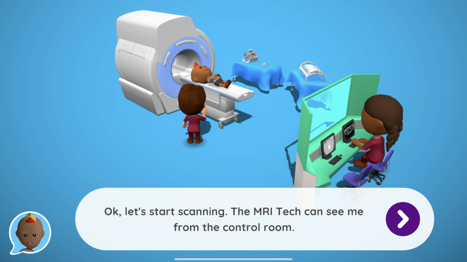 avatar explains that radiology tech can view patient on a monitor whilst having MRI scan