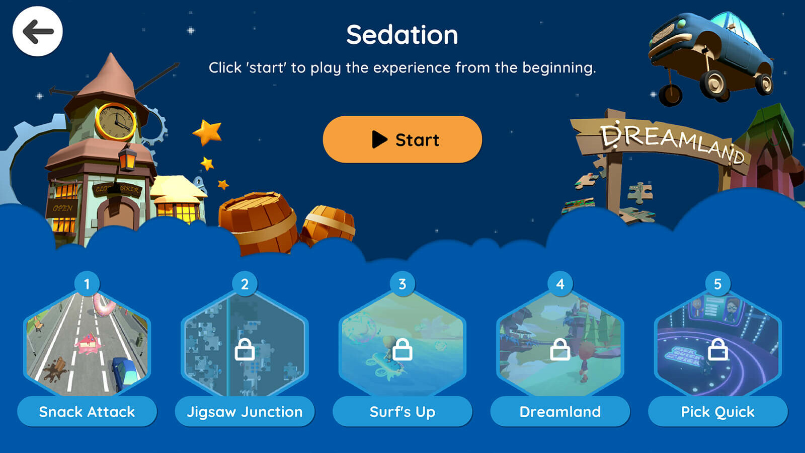 Image of pediatric patient education sedation game start screen