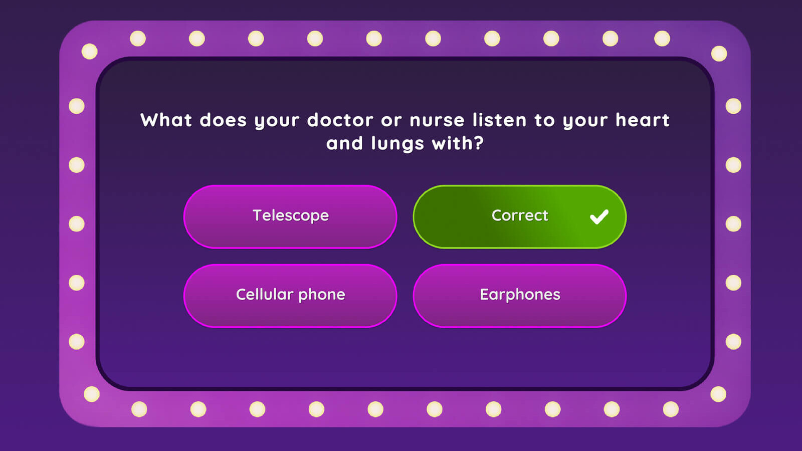 Image of pediatric patient education multiple choice questions in teach-back quiz game