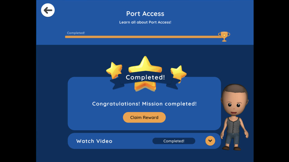 Xploro screen showing the completion of a Port Access storybook, part of pediatric hematology oncology treatment