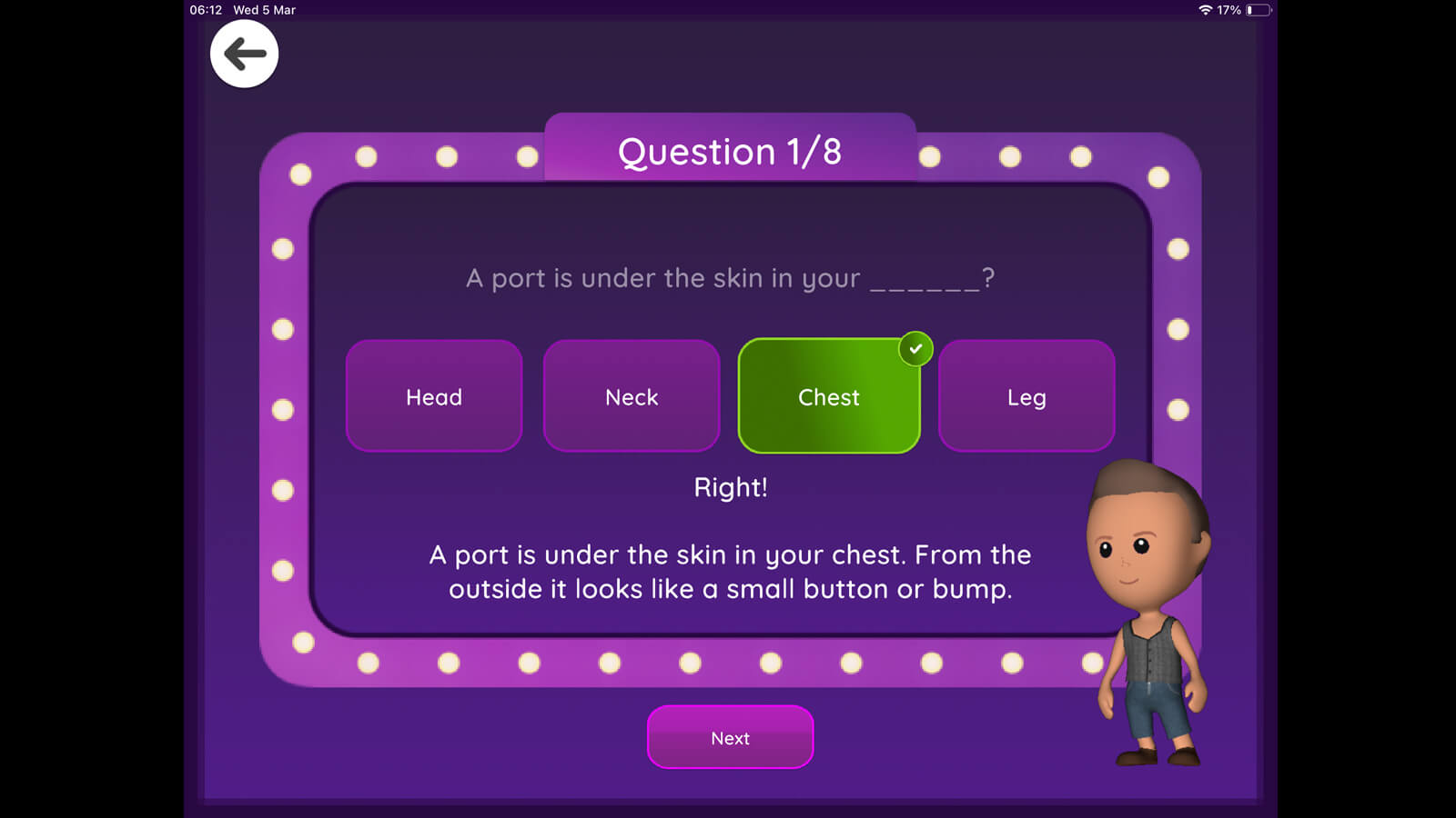 Xploro quiz screen showing correct answer selection